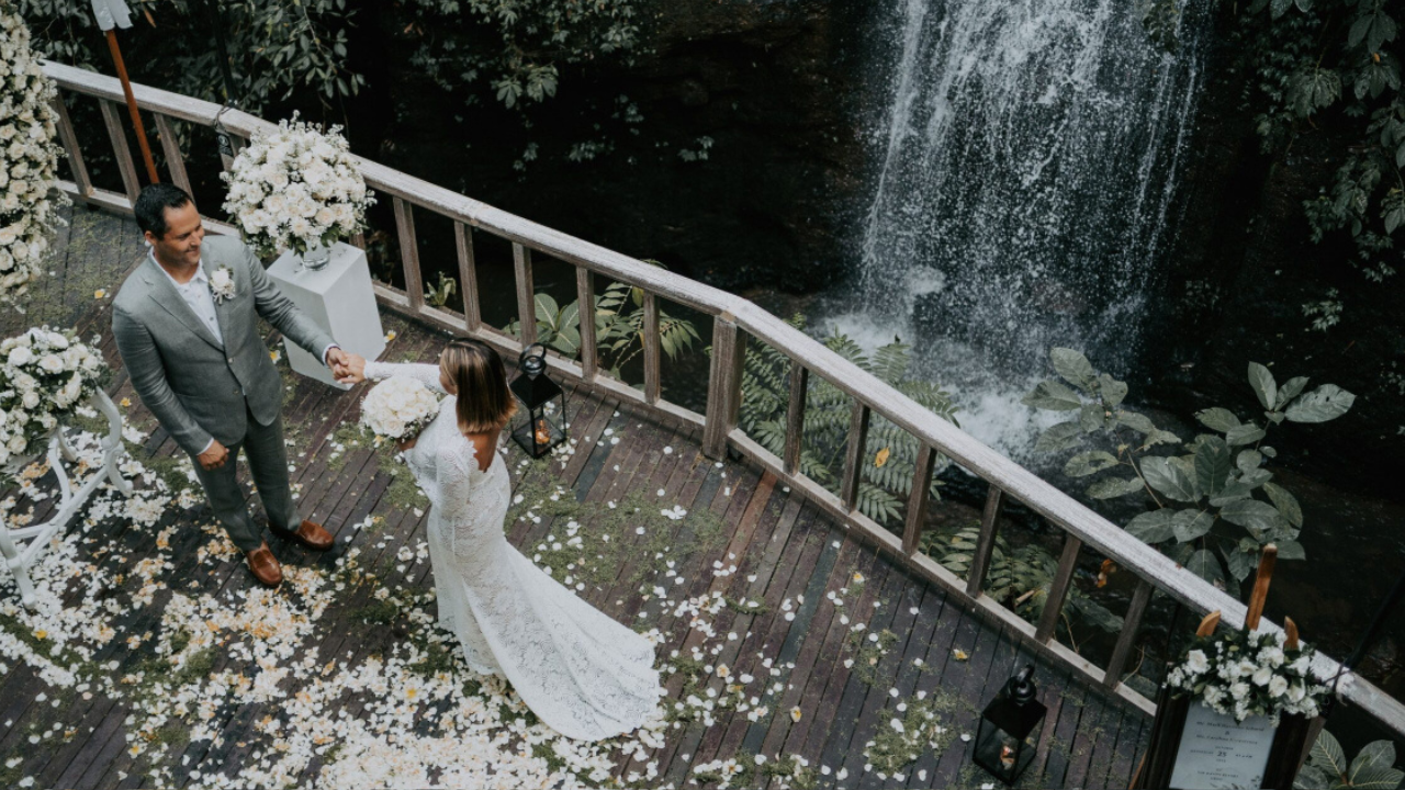 Getting married in Ubud Bali beside a tropical waterfall