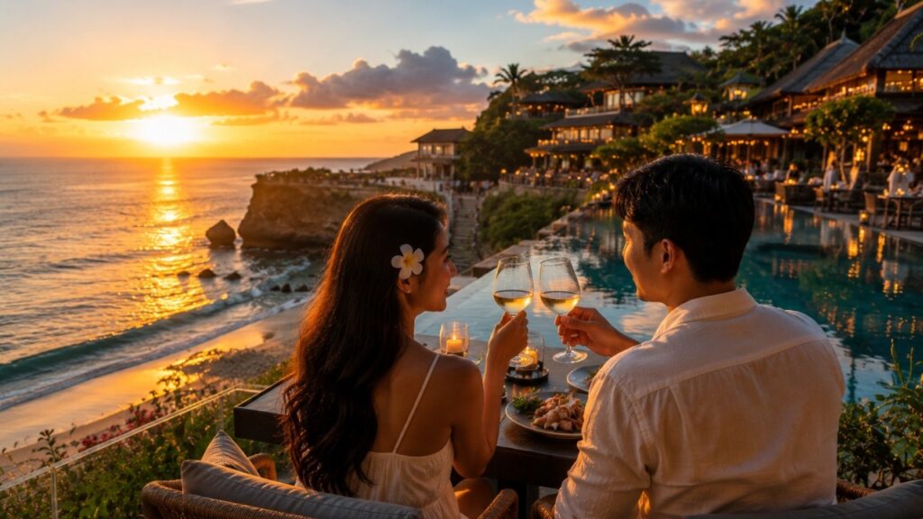 Couple enjoying drinks together while watching a sunset in Bali