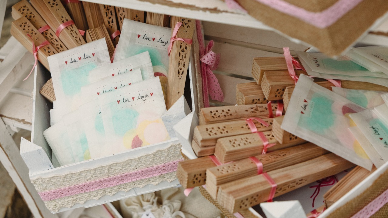 Wedding guest gifts and welcome items arranged for a Bali wedding