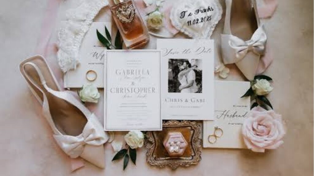 Wedding invitation cards and personalized guest gifts arranged with floral details