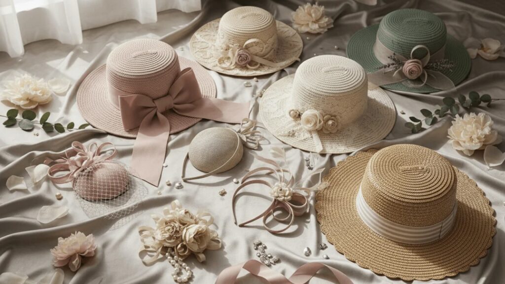 Straw hats arranged as accessories for a daytime outdoor wedding
