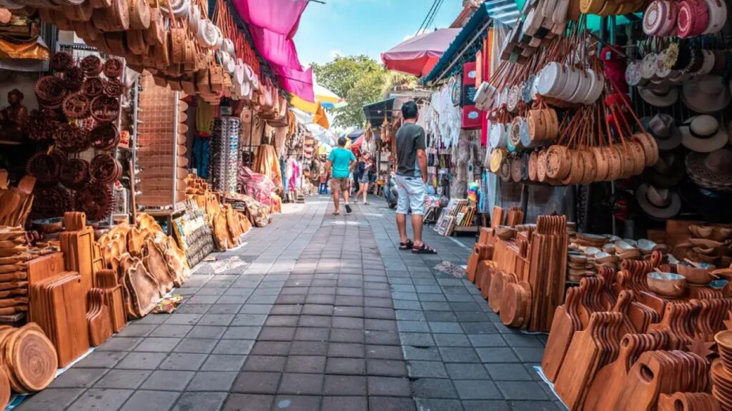 Traditional handicrafts and woven goods displayed at Ubud Art Market