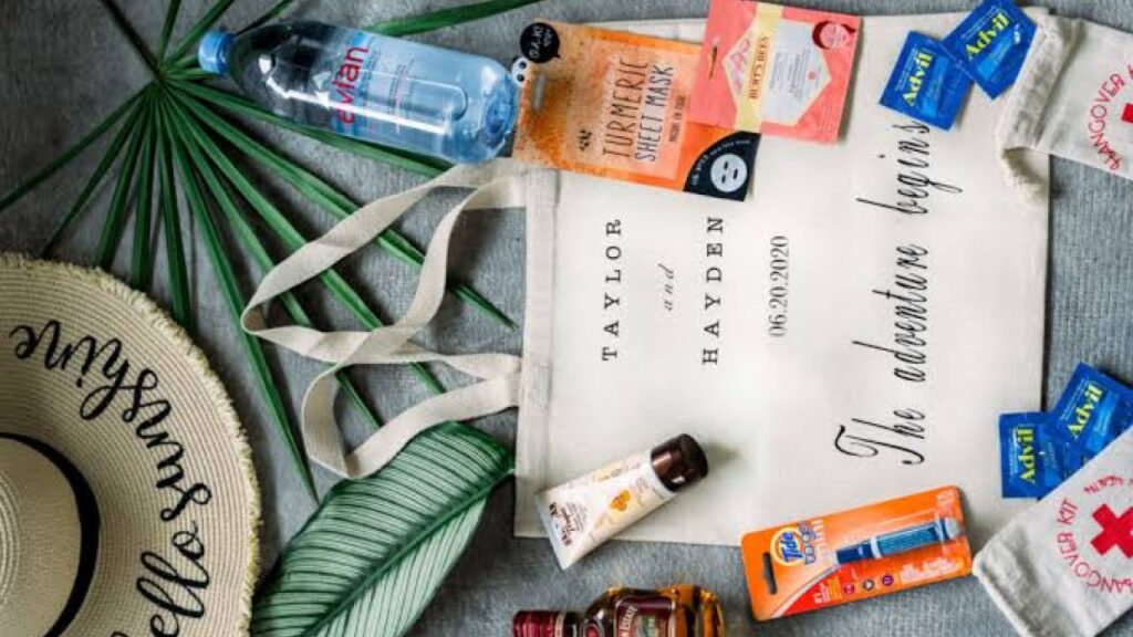 Bali wedding welcome bag filled with practical guest essentials and local gifts