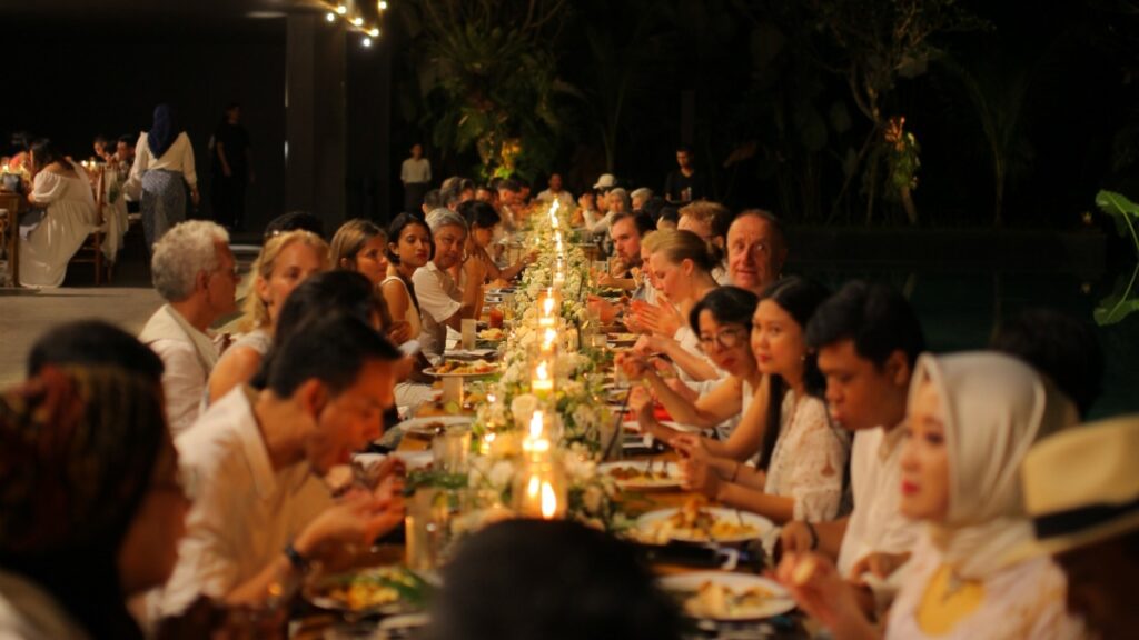 Wedding reception dinner with guests in Ubud Bali