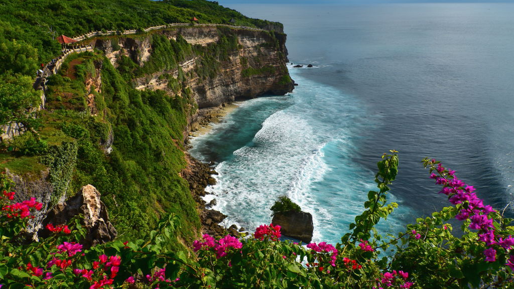 Scenic coastal cliffs in Bali overlooking the Indian Ocean, with crashing waves and colorful tropical flowers.