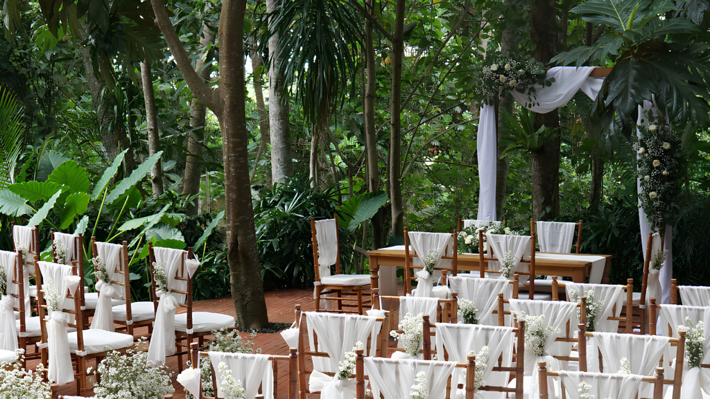 Intimate garden wedding venue with wooden chairs decorated in white fabric, floral arrangements, and a ceremony arch surrounded by tropical greenery.