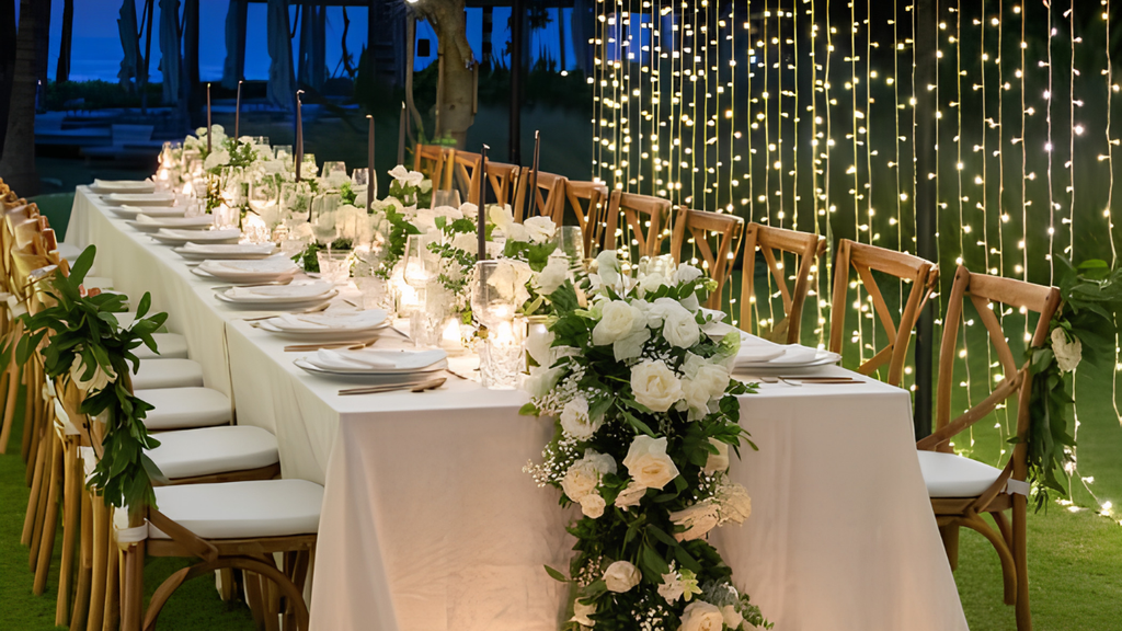 Elegant outdoor wedding reception table decorated with white flowers, candles, wooden chairs, and warm string lights.